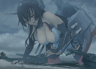 drawing giantess color beach anime looking_down raining kantai_collection kuro_oolong nagato injury damaged_clothes