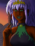 breasts drawing giantess white_hair color handheld green_eyes smiling vampire dark_skin voluptuous looking_at_tiny stringsartz sheega