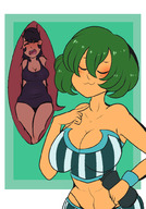 breasts drawing giantess vore blushing color large_breasts cleavage smiling green_hair bulge belly medium_length_hair swallowed closed_eyes internal_view throat_bulge no_background pixies-dusts