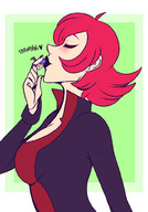 breasts drawing giantess vore blushing color smiling red_hair medium_length_hair closed_eyes pushing imminent_vore side_view no_background pixies-dusts