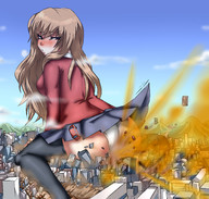 drawing giantess panties blushing city mega upskirt color long_hair destruction skirt buildings brunette stockings embarrassed sitting fart uniform outdoors looking_back thigh_highs toradora! lazei taiga_aisaka