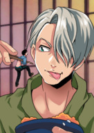 drawing white_hair vore black_hair color tongue saliva green_eyes shrunken_man food dripping chopsticks jitensha licking_lips imminent_vore viktor looking_at_tiny yuri_on_ice katsudon