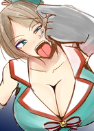 breasts drawing giantess vore color large_breasts tongue mouth cleavage green_eyes brunette gloves medium_length_hair open_mouth falling dropped imminent_vore no_background looking_at_tiny kantai_collection takaisen