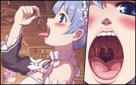 drawing karbo vore blushing color tongue blue_eyes blue_hair shrunken_man open_mouth maid_uniform dangle imminent_vore ram re-zero subaru