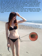 bikini collage micro long_hair beach brunette story shrunken_man looking_down sunglasses outdoors dialogue cutaway