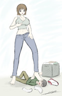 large_breasts barefoot jeans brunette socks short_hair mini_giantess foot_crush looking_down indoors top smothering discarded_shoes yamumil