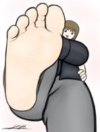 drawing toes barefoot soles huge_breasts brunette low_angle short_hair looking_down open_mouth point_of_view raised_foot no_background impending_doom yamumil