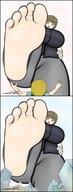 drawing giantess city mega toes barefoot soles huge_breasts brunette low_angle short_hair looking_down open_mouth point_of_view raised_foot panels no_background impending_doom yamumil