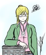 drawing giantess blonde color buildings ponytail standing annoyed leaning_on_building eyepatch yamumil