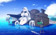 drawing giantess color long_hair water ocean huge_breasts multiple_sizes sitting cruise_ship walking outdoors ripped_clothing horn thick_thighs kantai_collection