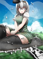 drawing giantess white_hair color large_breasts destruction clothed skirt touhou socks short_hair sitting looking_down thigh_highs youmu_konpaku thick_thighs neva
