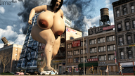 breasts giantess city mega black_hair destruction rampage huge_breasts short_hair walking looking_down outdoors thick_thighs water_tower digital_render dinner-kun