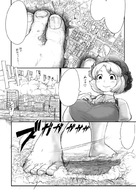 drawing giantess city mega monochrome large_breasts destruction barefoot touhou short_hair looking_down minoriko_aki bakugeki_no_g