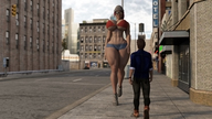 glasses huge_breasts mini_giantess muscles shorts walking looking_up outdoors bikini_top thick_thighs digital_render