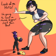 drawing growth giantess black_hair color asian short_hair looking_down disney ripped_clothing bracelet dialogue thick_thighs no_background gogo_tomago big_hero_6 hiro_hamada caiman2 hair_streak