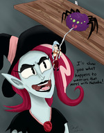 drawing long_hair red_hair open_mouth dialogue spider imminent_vore pointed_ears witch_hat grey_skin giantwaifus