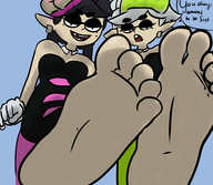 drawing white_hair black_hair color long_hair barefoot short_hair looking_down earrings raised_foot dialogue no_background callie splatoon spookycoffin marie_(splatoon)