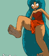 drawing giantess long_hair blue_hair smiling walking looking_down open_mouth between_toes dark_skin raised_foot stuck_to_foot no_background impending_doom sleepycoffin tiger_lily cookie_run