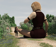 giantess blonde clothed short_hair sitting outdoors digital_render