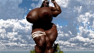 giantess nude black_hair long_hair beach huge_breasts island muscles dark_skin outdoors thick_thighs