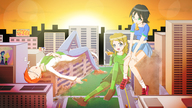 giantess city sleeping blonde black_hair destruction red_hair short_hair sitting giantesses outdoors pizza