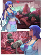 breasts drawing vore color large_breasts long_hair blue_eyes cleavage green_eyes blue_hair stockings green_hair shrunken_woman close_up food swallowed inside_stomach acerok mini_skirt strawberries