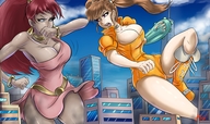 drawing city mega color large_breasts long_hair crossover cleavage brunette purple_eyes giganta red_hair ponytail dress pigtails fighting giantesses bodysuit thighs necklace earrings belt leotard bracelet blocking bryan_lobdell dc_comics seven_deadly_sins diane_(seven_deadly_sins)