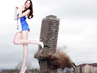 giantess collage city long_hair destruction high_heels buildings brunette asian standing outdoors velocity-vektor
