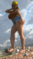 breasts giantess city mega destruction barefoot buildings brunette foot_crush legs sky hard_hat thick_thighs digital_render amgipi