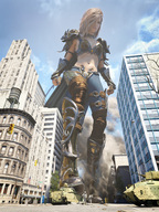 city mega blonde long_hair armor destruction clothed cleavage buildings military domination navel cruel cape sorenzer0 digital_render