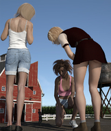 breasts gentle giantess mega blonde butt clothed skirt brunette dress kneeling shorts farm bending_over barn giantesses women standing dark_skin runswithferrets top water_tower digital_render corn