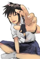 gentle black_hair color long_hair clothed handheld skirt asian uniform shrunken_woman sketch dangle shirt