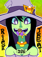 breasts drawing giantess vore black_hair color long_hair tongue mouth cleavage saliva purple_eyes witch fangs open_mouth dripping imminent_vore no_background looking_at_tiny witch_hat rickz0r
