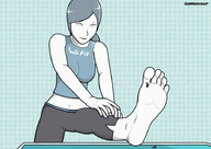 giantess large_breasts toes barefoot soles smiling ponytail looking_down pants grey_hair stretching point_of_view top white_skin wii_fit_trainer sizeworkshop