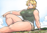 mega blonde color blue_eyes clothed sitting shorts town sketch clouds top