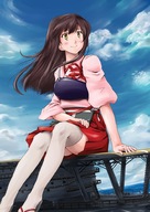 drawing giantess blushing long_hair skirt ocean brunette yellow_eyes smiling socks sitting outdoors thigh_highs ships kantai_collection akagi