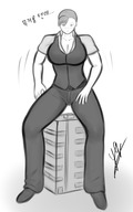 drawing giantess monochrome large_breasts clothed cleavage buildings looking_down outdoors dialogue korean_text no_background yamumil impending_butt_crush