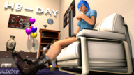 giantess clothed blue_hair sweat in_shoe short_hair boots sitting looking_down balloons digital_render