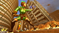 giantess destruction helicopter huge_breasts brunette short_hair giantesses outdoors bow hair_bow running_away digital_render skintight_clothing