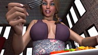 large_breasts cleavage ponytail fork shrunken_man looking_down close_up food lipstick waving braid makeup looking_at_tiny mouth_open digital_render butre3004