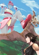 drawing mega black_hair color destruction blue_eyes red_hair kick looking_down mountains gauntlet gtsleuth