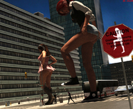 giantess panties city upskirt long_hair buildings brunette multiple_sizes red_hair dress belly shorts bus walking giantesses women vehicles shirt sign imminent_crush digital_render giantess_lover45