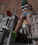 giantess city long_hair clothed buildings shoes green_hair navel belly shorts walking top digital_render giantess_lover45