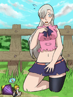 drawing white_hair blushing blonde long_hair skirt embarrassed short_hair surprised belly shrunken_man looking_down looking_up seven_deadly_sins