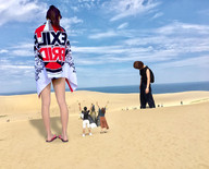 giantess collage clothed beach brunette asian ponytail short_hair looking_down giantesses outdoors flip_flops airraid