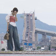 giantess collage city brunette asian walking looking_down vehicles outdoors purse airraid