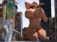 giantess nude city long_hair huge_breasts brunette sitting outdoors veins digital_render