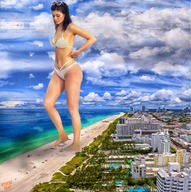 bikini breasts giantess collage city mega black_hair long_hair barefoot looking_down sunglasses outdoors green_nails