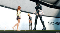 blonde black_hair large_breasts long_hair multiple_sizes smiling red_hair mini_giantess boots looking_down digital_render