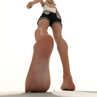 blonde long_hair barefoot soles low_angle shorts unaware shrunken_man nail_polish top no_background black_nails digital_render